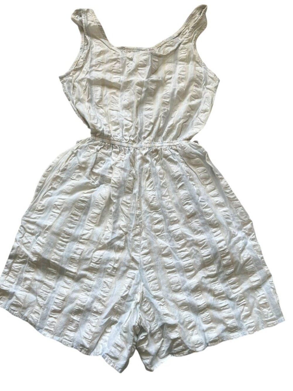 Vintage romper 1980s Byer California cream white light blue striped Medium